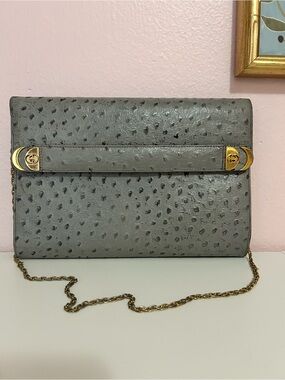 Gorgeous Rare Vintage 1970’s Gray Gucci Ostrich Evening Bag with Gold Chain